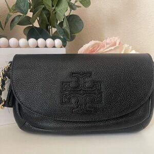 Tory Burch Black Pebbled Leather Half Moon Crossbody